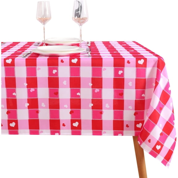 Valentine''s Day Checkered Fabric Rectangle Table Cloth- 60 x 84 Inch -Polyester Heart Pattern Tablecloth, Table Cover Protector for Party, Wedding, Valentine Decoration Use, , Red & White