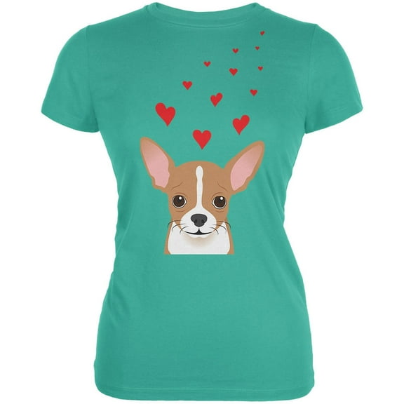 Valentine's Day Chihuahua Love Hearts Teal Juniors Soft T-Shirt - Medium