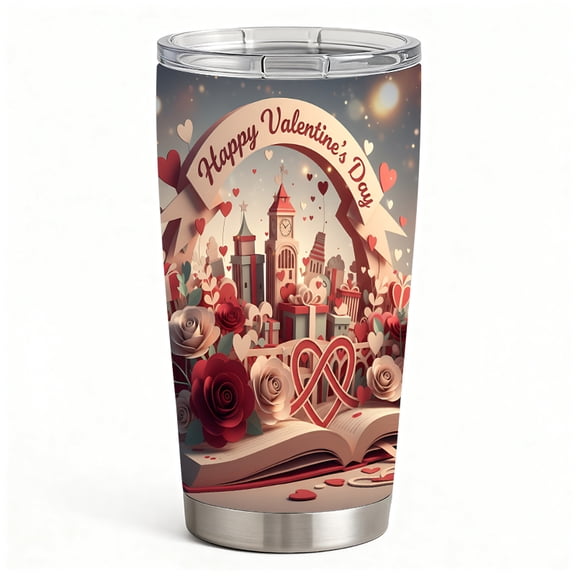 Valentine’s Day Cityscape & Roses Design Double-Wall Vacuum Insulated Coffee Tumbler, Spill-Resistant Stainless Steel Cup with Straw