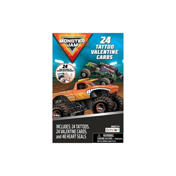 Valentine's Day Classroom Exchange Cards - Monster Jam - 24 ct Tattoos with 48 ct Heart Seals