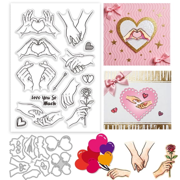 Valentine's Day Clear Stamps and Metal Die Cuts Love Heart Hands Transparent Stamp Heart Gesture Cutting Dies for Card Making Embossing Scrapbooking