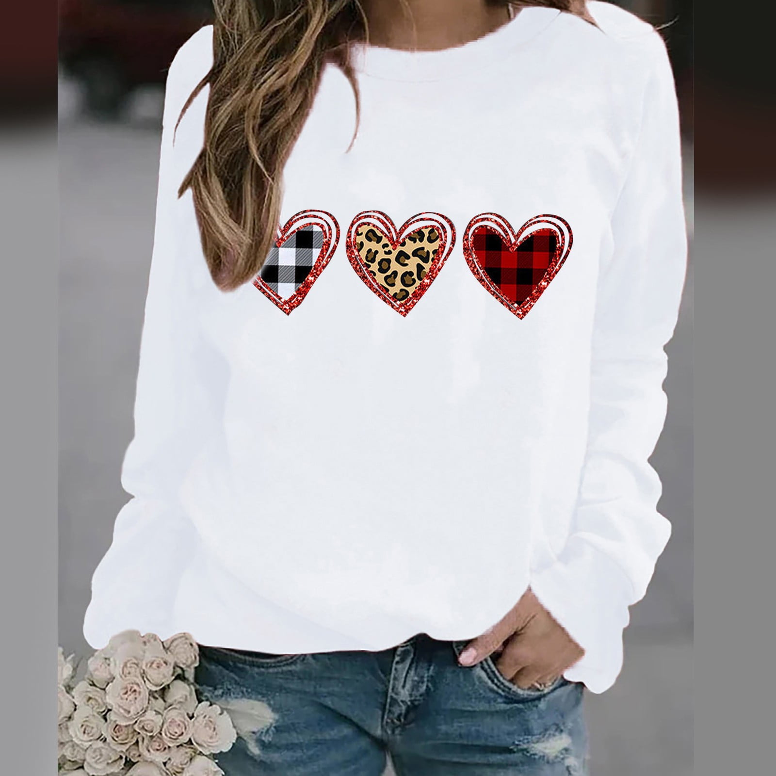 Bxsruta Valentines Shirts for Women Valentine Heart Sweatshirt Valentines Day Shirt Vintage Pullover Tops White XXL