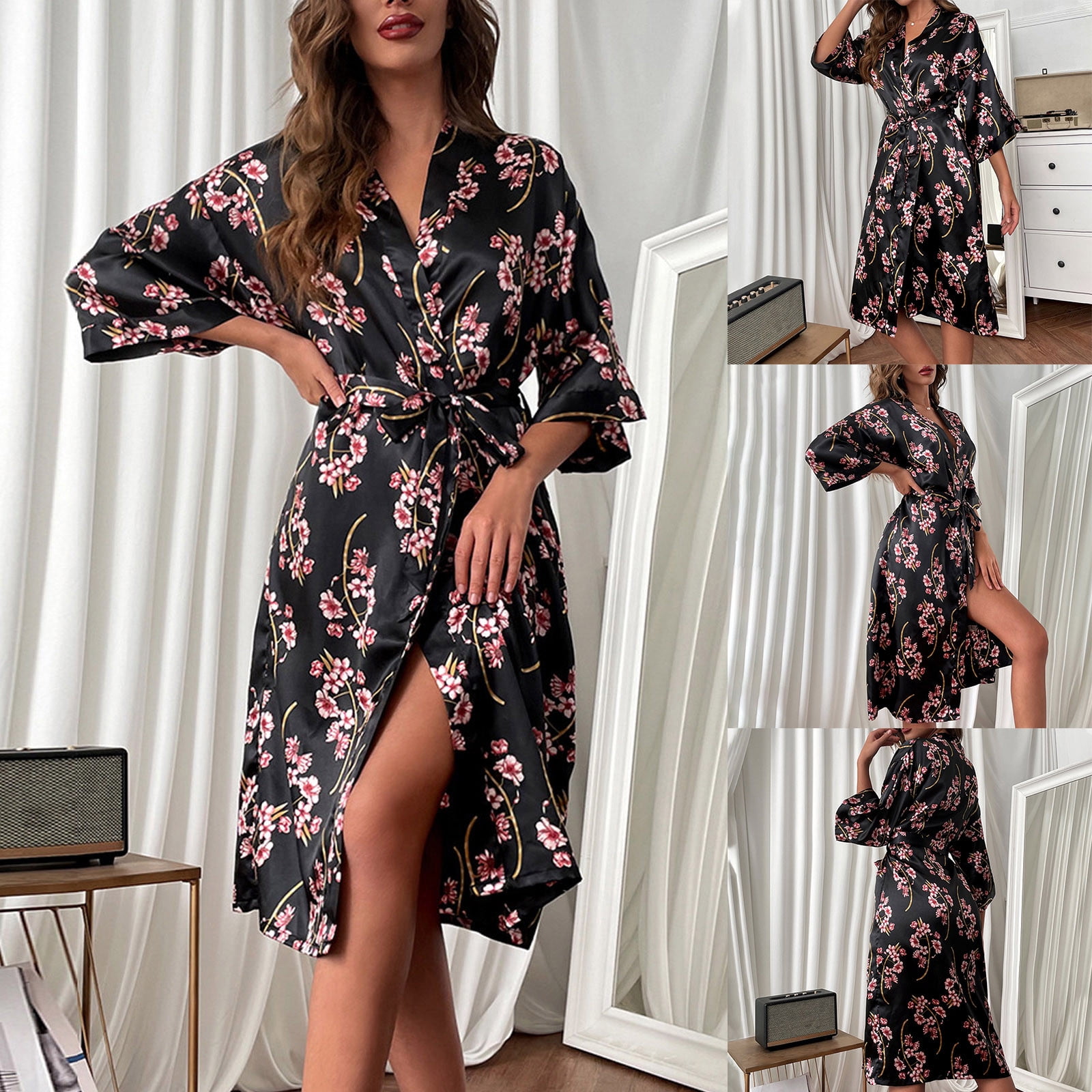 Valentine s Day Clearance Sale Silk Robes for Women Knee Length Boho Printing Satin Bathrobes for Women Plus Size Silk Robes Bride Bridesmaid Kimono Satin Bathrobe V Neck Sleepwear with 3 4 Sleeve Wal...
