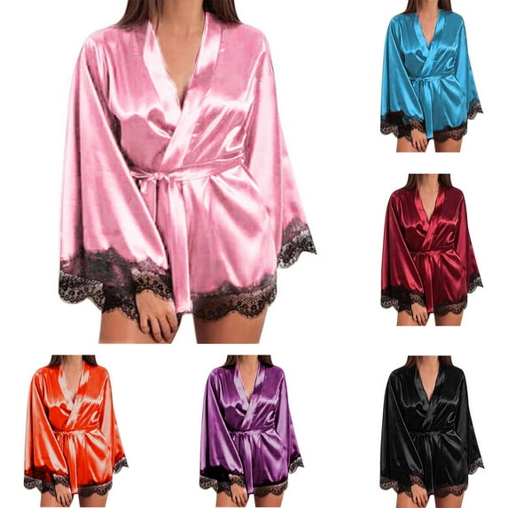 Valentine's Day Clearance Sale! Women's Silk Robe,Satin Robe with Lace Trim,Lace Robe and Nightgown,Bridal Party Robe Bridesmaids Robes Bride Robe for Wedding Day,Babydoll Lingerie Nightdress