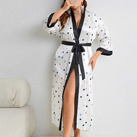 Valentine's Day Clearance Sale!YANHAIGONG Silk Bathrobes for Women,Satin Bathrobes for Women Plus Size,Silk Robes Bride Bridesmaid, Kimono Satin Bathrobe V Neck Love Print Sleepwear with 3/4 Sleeve