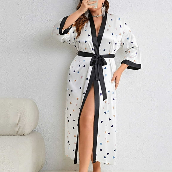 Valentine's Day Clearance Sale!YANHAIGONG Silk Bathrobes for Women,Satin Bathrobes for Women Plus Size,Silk Robes Bride Bridesmaid, Kimono Satin Bathrobe V Neck Love Print Sleepwear with 3/4 Sleeve