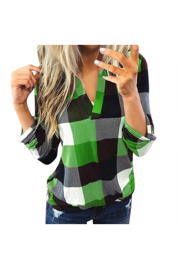 Valentine's Day Juebong Long Sleeve Women Casual Roll Up Long Sleeve V Neck Plaid Shirt Slim Top Long,Green,XXXXXL