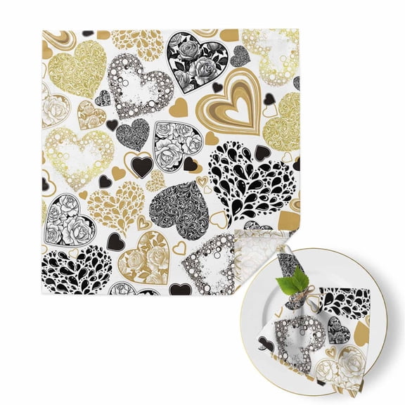Valentine's Day Cloth Napkins Set of 1 Abstract Black Gold Roses Water Drops Love Heart Soft Washable Square Dinner Napkins for Party Wedding Restaurant Hotel Cocktail 20x20 Inch