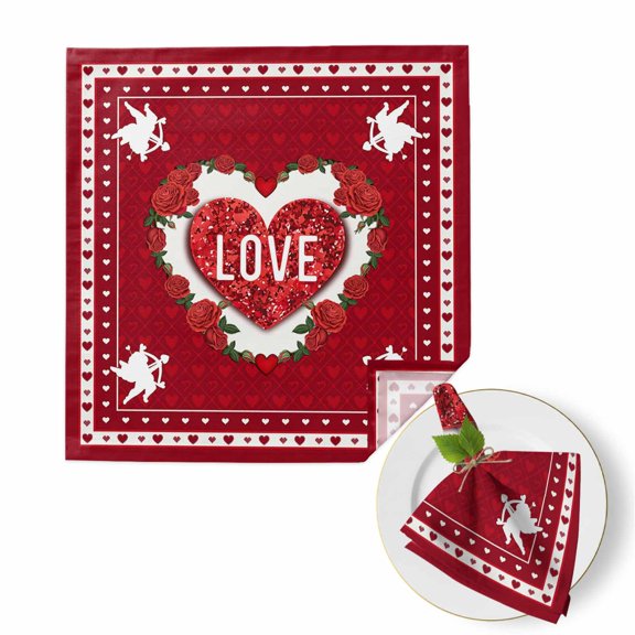Valentine's Day Cloth Napkins Set of 1 LOVE Heart Cupid Rose Red Boundary Soft Washable Square Dinner Napkins for Party Wedding Restaurant Hotel Cocktail 20x20 Inch