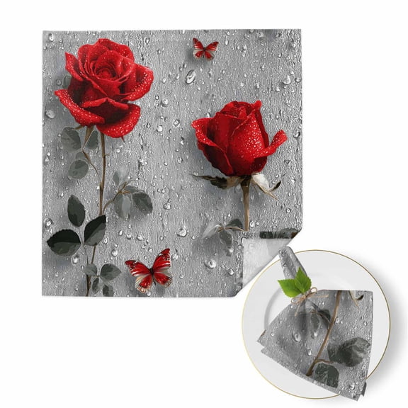Valentine's Day Cloth Napkins Set of 1 Rainy Romantic Red Roses Floral Plant Butterfly Soft Washable Square Dinner Napkins for Party Wedding Restaurant Hotel Cocktail 20x20 Inch