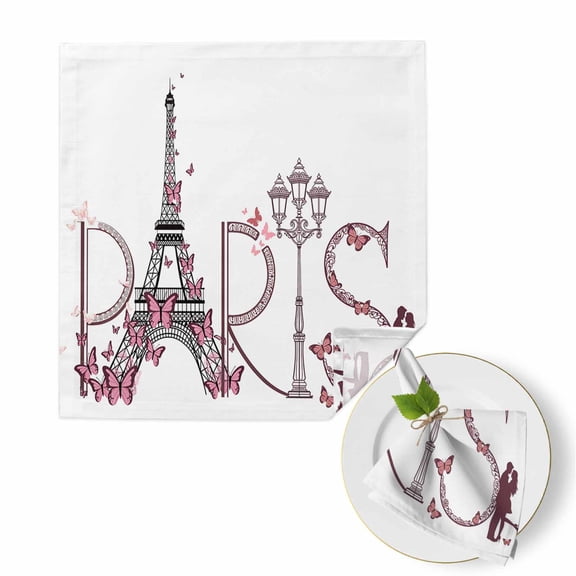 Valentine's Day Cloth Napkins Set of 1 Sweet Couple under Paris Tower Eiffel Pink Butterfly Soft Washable Square Dinner Napkins for Party Wedding Restaurant Hotel Cocktail 20x20 Inch