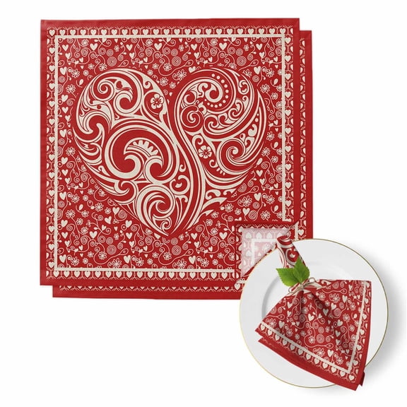 Valentine's Day Cloth Napkins Set of 2 Abstract Boho Romantic Floral Leaf Dark Red Love Heart Soft Washable Square Dinner Napkins for Party Wedding Restaurant Hotel Cocktail 20x20 Inch