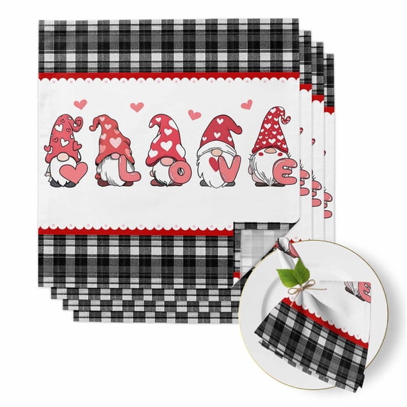 Valentine's Day Cloth Napkins Set of 4 Cute Love Gnome Red Pink Lace Border Black Plaid Soft Washable Square Dinner Napkins for Party Wedding Restaurant Hotel Cocktail 20x20 Inch