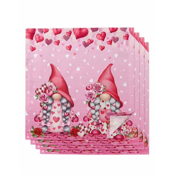 Valentine's Day Cloth Napkins Set of 4 Reusable Dinner Napkins, Ombre Pink Gnomes Love Roses Romantic Cocktail Napkin Washable Table Napkins for Wedding/Holiday Party/Baby Shower 20"x20"