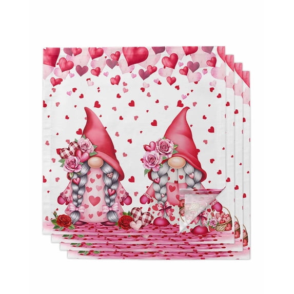 Valentine's Day Cloth Napkins Set of 4 Reusable Dinner Napkins, Pink Love Gnomes Roses Romantic White Cocktail Napkin Washable Table Napkins for Wedding/Holiday Party/Baby Shower 20"x20"