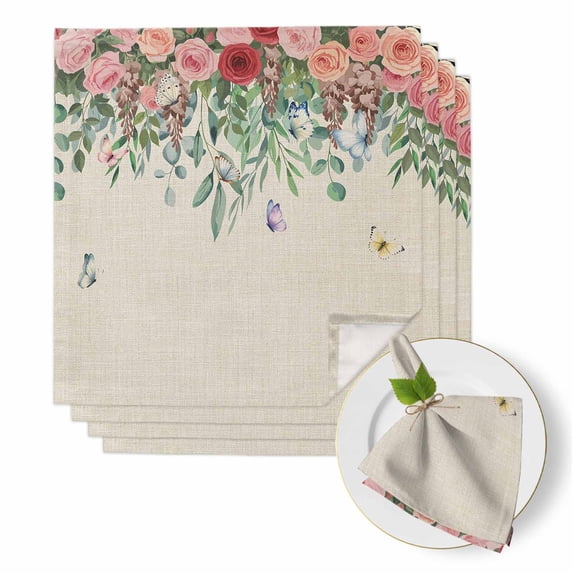 Valentine's Day Cloth Napkins Set of 4 Spring Watercolor Red Pink Roses Floral Green Leaf Linen Texture Soft Washable Square Dinner Napkins for Party Wedding Restaurant Hotel Cocktail 20x20 Inch