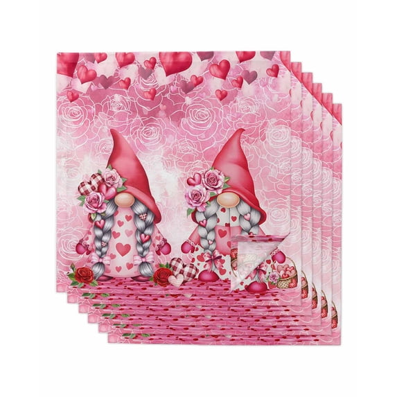 Valentine's Day Cloth Napkins Set of 6 Reusable Dinner Napkins, Watercolor Gnomes Roses Love Romantic Cocktail Napkin Washable Table Napkins for Wedding/Holiday Party/Baby Shower 20"x20"