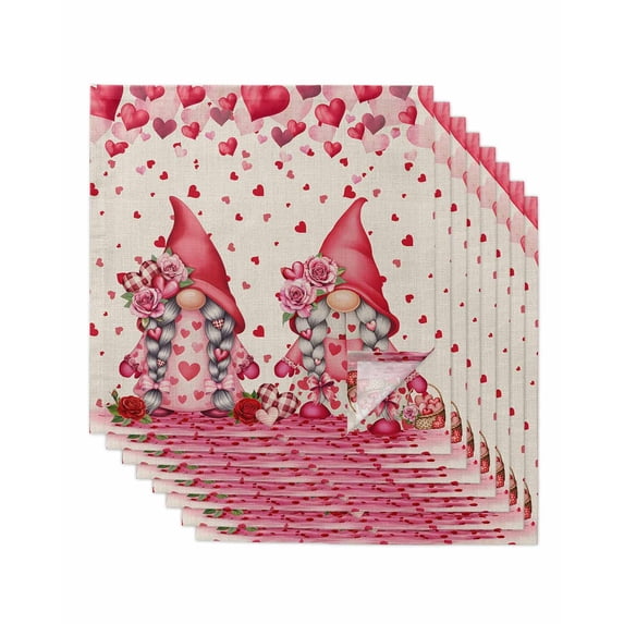 Valentine's Day Cloth Napkins Set of 8 Reusable Dinner Napkins, Pink Gnomes Love Roses Romantic Beige Cocktail Napkin Washable Table Napkins for Wedding/Holiday Party/Baby Shower 20"x20"