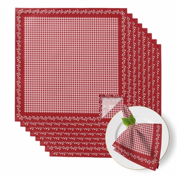Valentine's Day Cloth Napkins Set of 8 Vintage Red White Buffalo Plaid Branches Lace Border Soft Washable Square Dinner Napkins for Party Wedding Restaurant Hotel Cocktail 20x20 Inch