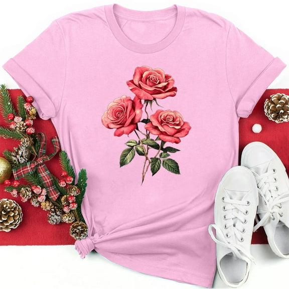 Valentine's Day Clothes Under 10.00 TMOYZQ Women's Plus Size T-Shirts Casual 3/4 Sleeve Crew Neck Blouse Fashion Red Rose Graphic Pullover Tops