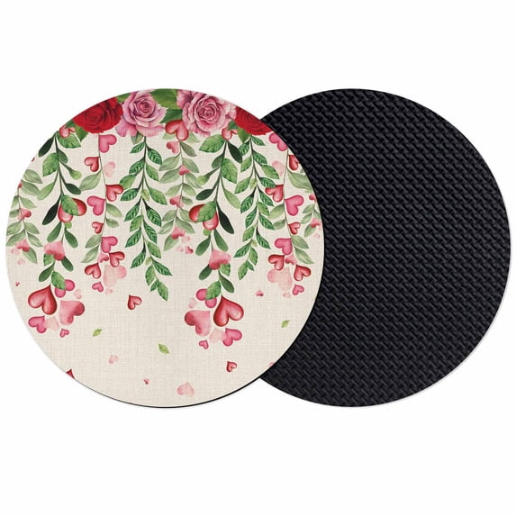 Valentine's Day Coasters Set of 2, Absorbent Coasters for Drinks, Pink Red Roses Love Heart Eucalyptus Burlap Coaster for Desk Coffee Table Protection, Home Decor House Warming Gifts 4"