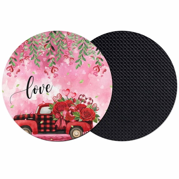 Valentine's Day Coasters Set of 2, Absorbent Coasters for Drinks, Red Plaid Truck Love Roses Leaves Pink Coaster for Desk Coffee Table Protection, Home Decor House Warming Gifts 4"