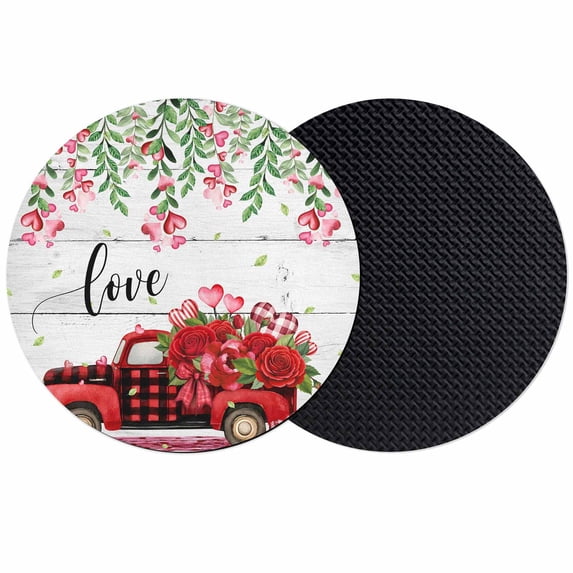 Valentine's Day Coasters Set of 2, Absorbent Coasters for Drinks, Red Plaid Truck Roses Love Leaves Wood Coaster for Desk Coffee Table Protection, Home Decor House Warming Gifts 4"