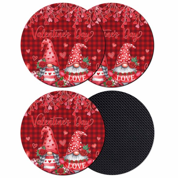 Valentine's Day Coasters Set of 4, Absorbent Coasters for Drinks, Gnomes Romantic Roses Red Plaid Coaster for Desk Coffee Table Protection, Home Decor House Warming Gifts 4"
