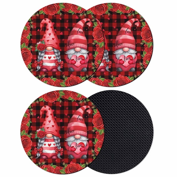 Valentine's Day Coasters Set of 4, Absorbent Coasters for Drinks, Gnomes Roses Love Red Plaid Romance Coaster for Desk Coffee Table Protection, Home Decor House Warming Gifts 4"