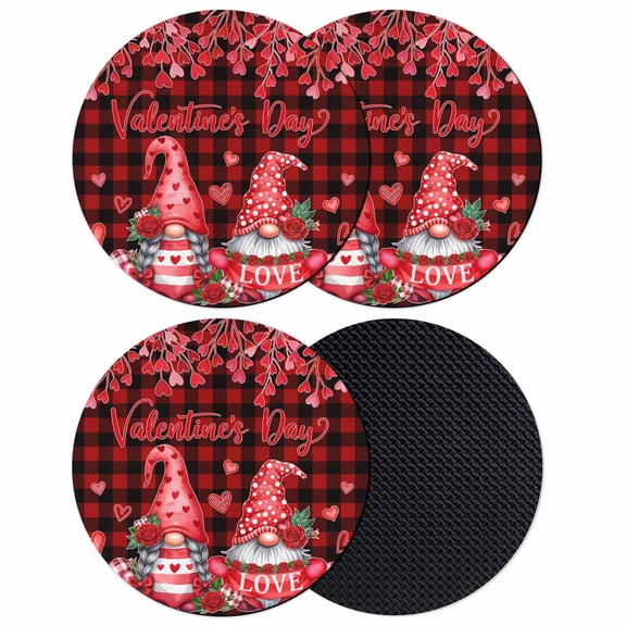 Valentine's Day Coasters Set of 4, Absorbent Coasters for Drinks, Red Gnomes Lovers Roses Buffalo Plaid Coaster for Desk Coffee Table Protection, Home Decor House Warming Gifts 4"