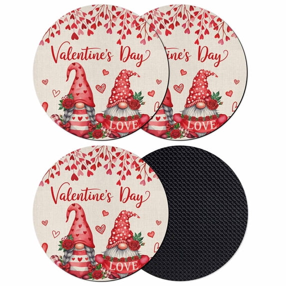 Valentine's Day Coasters Set of 4, Absorbent Coasters for Drinks, Red Gnomes Loves Roses Romantic Beige Coaster for Desk Coffee Table Protection, Home Decor House Warming Gifts 4"