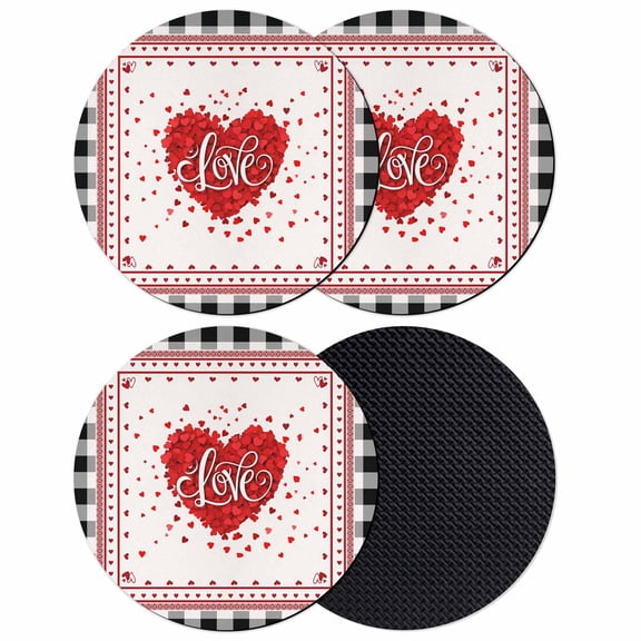 Valentine's Day Coasters Set of 4, Absorbent Coasters for Drinks, Red Love Heart Checkered Romantic Modern Art Coaster for Desk Coffee Table Protection, Home Decor House Warming Gifts 4"