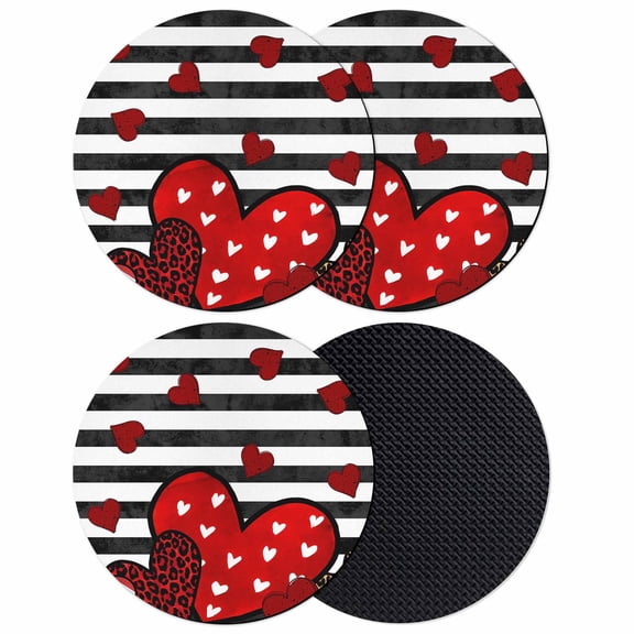 Valentine's Day Coasters Set of 4, Absorbent Coasters for Drinks, Red Love Hearts Black Striped Romantic Coaster for Desk Coffee Table Protection, Home Decor House Warming Gifts 4"