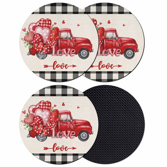 Valentine's Day Coasters Set of 4, Absorbent Coasters for Drinks, Red Loves Truck Romantic Buffalo Plaid Beige Coaster for Desk Coffee Table Protection, Home Decor House Warming Gifts 4"