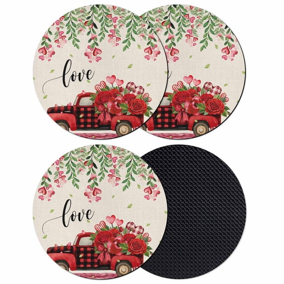 Valentine's Day Coasters Set of 4, Absorbent Coasters for Drinks, Red Plaid Truck Love Roses Leaves Beige Coaster for Desk Coffee Table Protection, Home Decor House Warming Gifts 4"