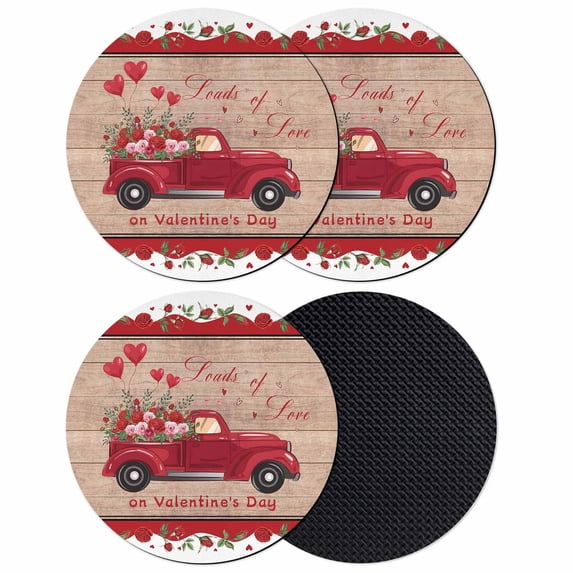Valentine's Day Coasters Set of 4, Absorbent Coasters for Drinks, Red Truck Love Heart Roses Romantic Wooden Coaster for Desk Coffee Table Protection, Home Decor House Warming Gifts 4"