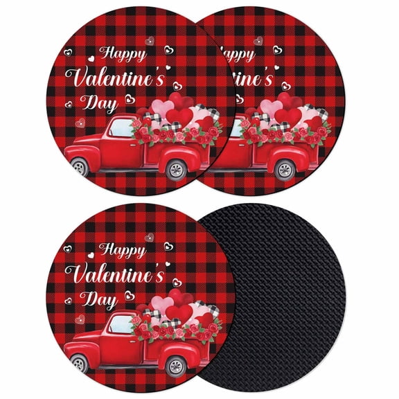 Valentine's Day Coasters Set of 4, Absorbent Coasters for Drinks, Red Truck Roses Love Buffalo Plaid Coaster for Desk Coffee Table Protection, Home Decor House Warming Gifts 4"