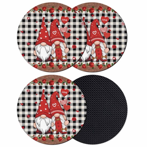 Valentine's Day Coasters Set of 4, Absorbent Coasters for Drinks, Retro Gnomes Love Rose Wooden Plaid Coaster for Desk Coffee Table Protection, Home Decor House Warming Gifts 4"