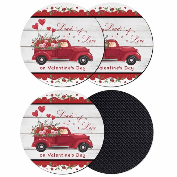 Valentine's Day Coasters Set of 4, Absorbent Coasters for Drinks, Vintage Red Truck Love Heart Roses Romantic Coaster for Desk Coffee Table Protection, Home Decor House Warming Gifts 4"