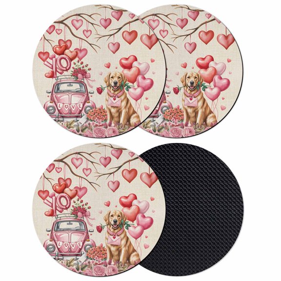 Valentine's Day Coasters Set of 4, Absorbent Coasters for Drinks, Watercolor Love Roses Dog Truck Beige Coaster for Desk Coffee Table Protection, Home Decor House Warming Gifts 4"