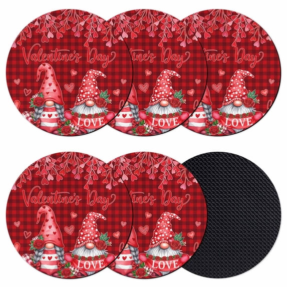 Valentine's Day Coasters Set of 6, Absorbent Coasters for Drinks, Gnomes Romantic Roses Red Plaid Coaster for Desk Coffee Table Protection, Home Decor House Warming Gifts 4"