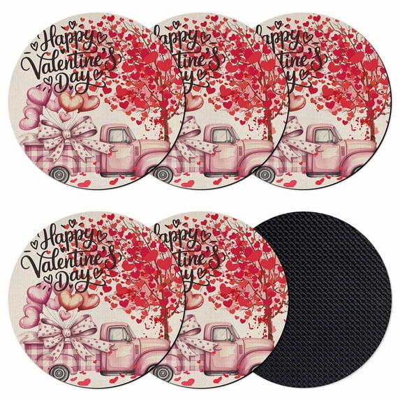Valentine's Day Coasters Set of 6, Absorbent Coasters for Drinks, Love Tree Trucks Balloons Beige Romantic Coaster for Desk Coffee Table Protection, Home Decor House Warming Gifts 4"