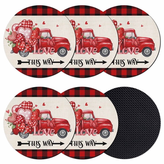 Valentine's Day Coasters Set of 6, Absorbent Coasters for Drinks, Love Truck Balloons Red Plaid Beige Coaster for Desk Coffee Table Protection, Home Decor House Warming Gifts 4"