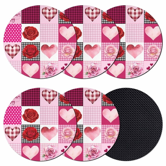 Valentine's Day Coasters Set of 6, Absorbent Coasters for Drinks, Pink Checked Roses Love Hearts Romance Coaster for Desk Coffee Table Protection, Home Decor House Warming Gifts 4"