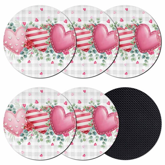 Valentine's Day Coasters Set of 6, Absorbent Coasters for Drinks, Pink Love Heart Eucalyptus Leaves Grey Plaid Coaster for Desk Coffee Table Protection, Home Decor House Warming Gifts 4"