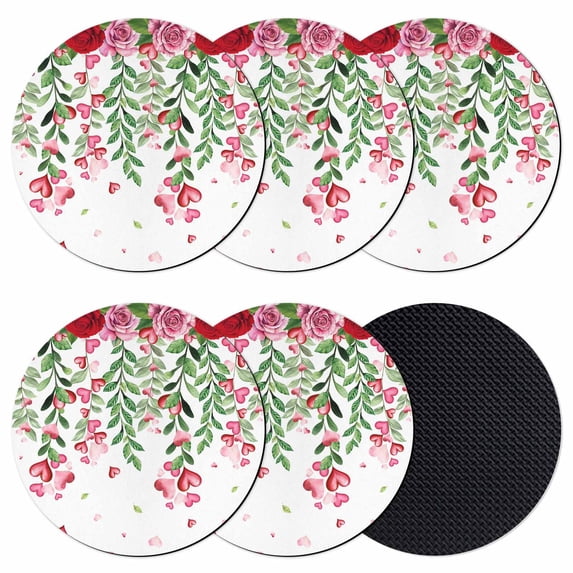 Valentine's Day Coasters Set of 6, Absorbent Coasters for Drinks, Pink Red Roses Love Heart Eucalyptus Leaves Coaster for Desk Coffee Table Protection, Home Decor House Warming Gifts 4"