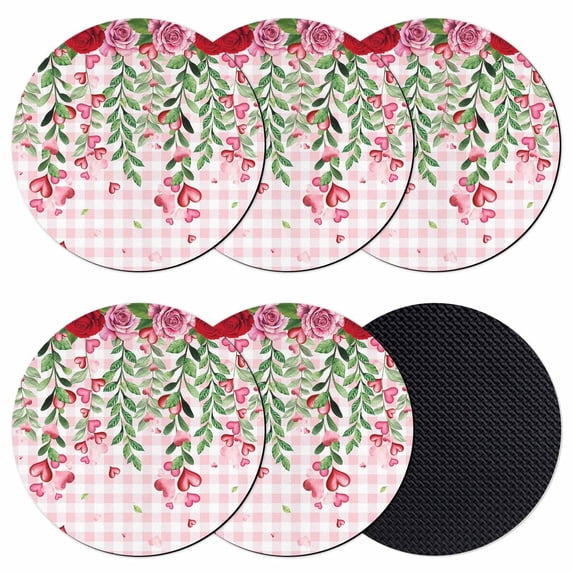Valentine's Day Coasters Set of 6, Absorbent Coasters for Drinks, Pink Red Roses Love Heart Eucalyptus Plaid Coaster for Desk Coffee Table Protection, Home Decor House Warming Gifts 4"