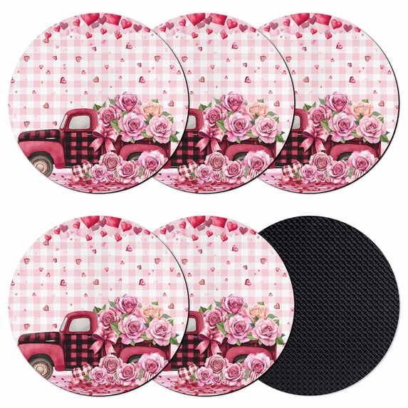 Valentine's Day Coasters Set of 6, Absorbent Coasters for Drinks, Pink Romantic Truck Love Roses Red Plaid Coaster for Desk Coffee Table Protection, Home Decor House Warming Gifts 4"