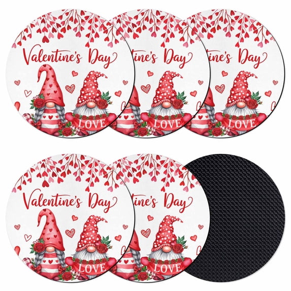 Valentine's Day Coasters Set of 6, Absorbent Coasters for Drinks, Red Gnomes Love Roses Romantic White Coaster for Desk Coffee Table Protection, Home Decor House Warming Gifts 4"