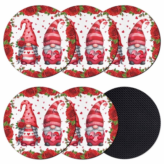 Valentine's Day Coasters Set of 6, Absorbent Coasters for Drinks, Red Gnomes Roses Flowers Love Romance Coaster for Desk Coffee Table Protection, Home Decor House Warming Gifts 4"